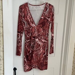 Burnt Orange Swirl Long Sleeve Dress